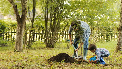 Portrait-of-a-little-boy-and-his-dad-planting-a-tree.-Together-they-put-the-soil-on-the-roots-of-the-tree.-Blurred-background